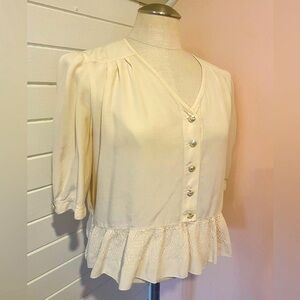 Vintage Cream Blouse, Pearl Buttons, 100% Silk, Size Medium